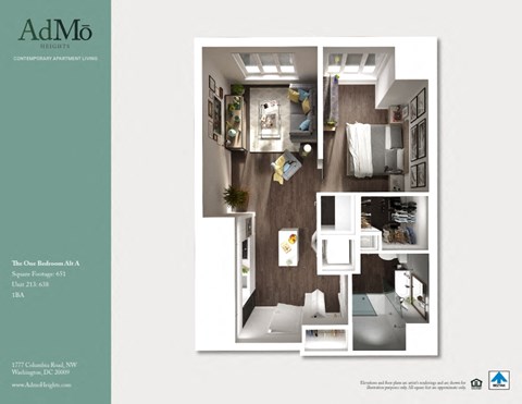 Floor plan for 1 bed, 1 bath, 638 sqft
